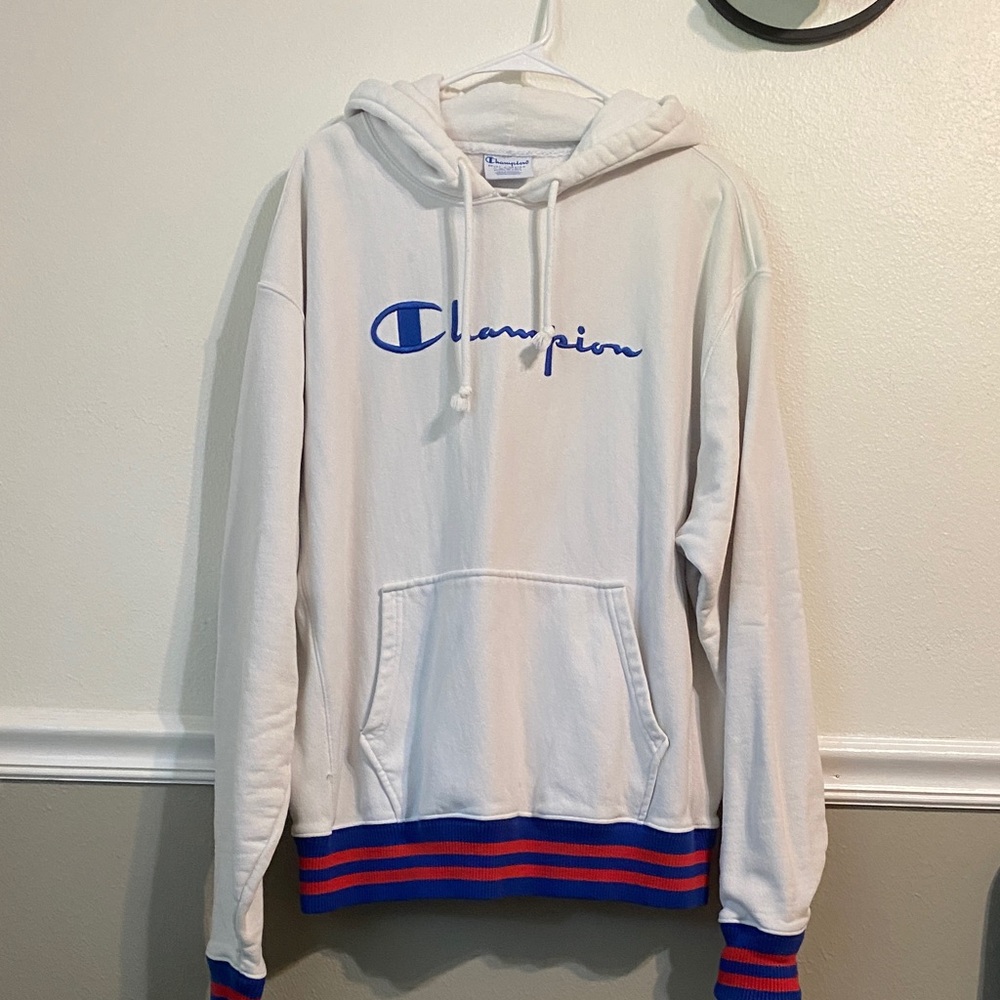 Champion Men's White Hoodie with Blue and Red Accents